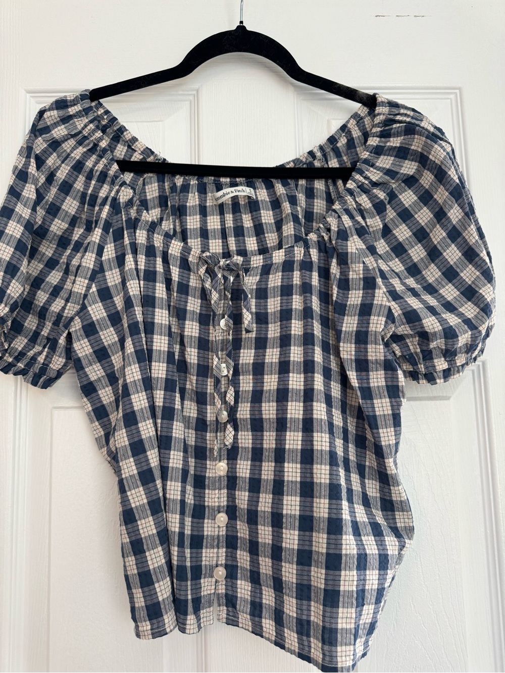 Abercrombie & Fitch Navy and White Plaid Peasant Blouse